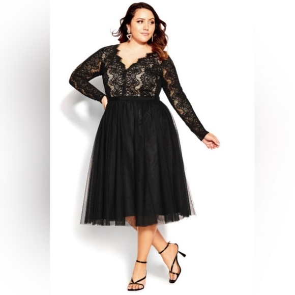City Chic Women' Black Rare Beauty  Lace Bodice Long Sleeve Dress Size M/18 - Picture 2 of 15